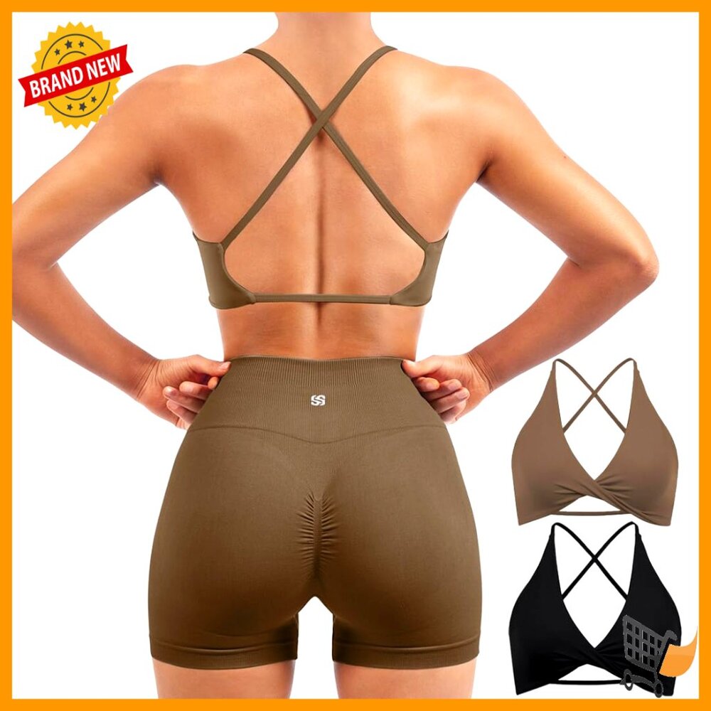 Strappy Open Back Sports Bra Pack Twist V Neck Workout Crops Minimal